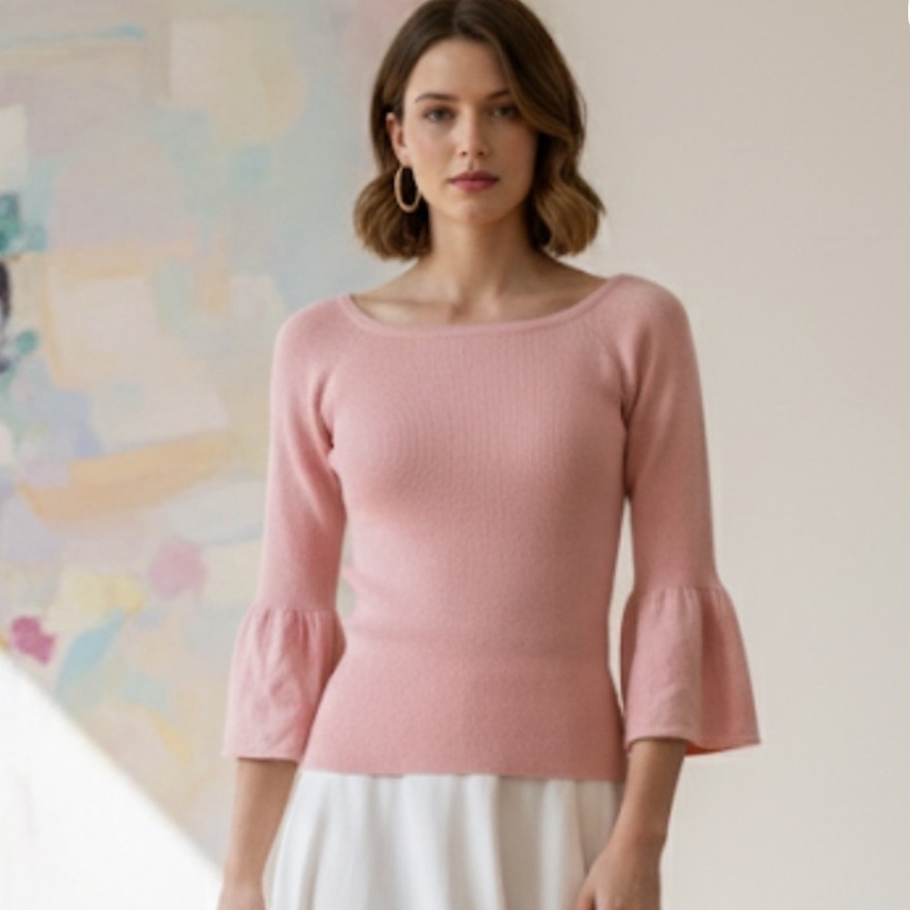 Oats Cashmere Boat Neck Bell Sleeve Ribbed Sweater Petal Pink